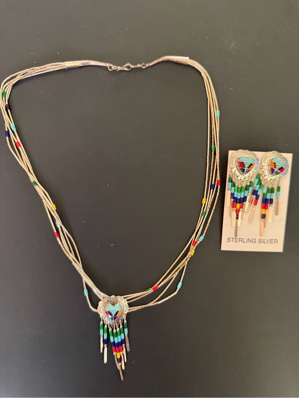 Sterling Silver Southwestern Multicolor Beaded Heart Necklace & Earring Set